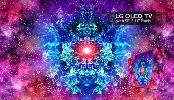 A brightly colored screen contrasts starkly with a black backdrop on LG OLED TV with SELF-LIT Pixels. The screen shows bright shades of pinks and blues in an abstract pattern.