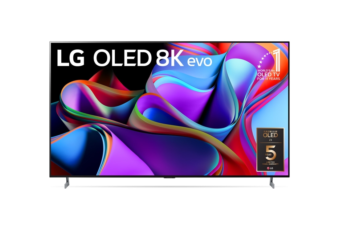 LG OLED 8K Z3 77 ιντσών Smart TV 2023, προστινή όψη με την LG OLED evo, το έμβλημα "11 Years World No.1 OLED" και λογότυπο 5ετούς εγγύησης πάνελ στην οθόνη, OLED77Z39LA