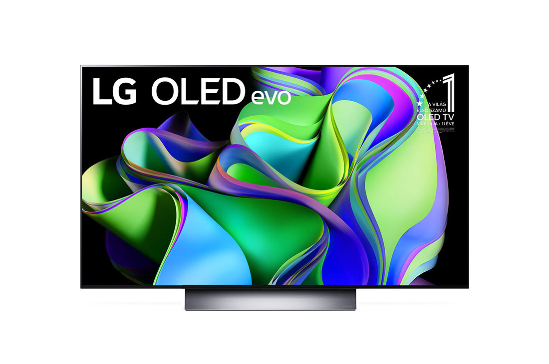 LG OLED evo C3, 48 col, 4K felbontás, 2023-as smart TV, LG OLED evo elölnézetben, a képernyőjén a „11 Years World's No. 1 OLED” (11 éve a világ első számú OLED-je) embléma, alatta pedig egy hangprojektor. , OLED48C31LA