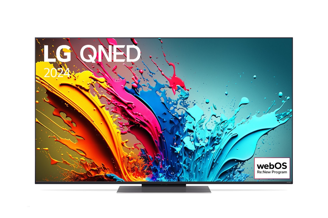 LG 55 colos LG QNED86 4K Smart TV 2024, LG QNED TV, QNED86 elölnézete az LG QNED, 2024 szöveggel és a webOS Re:New Program logóval a képernyőn, 55QNED86T3A
