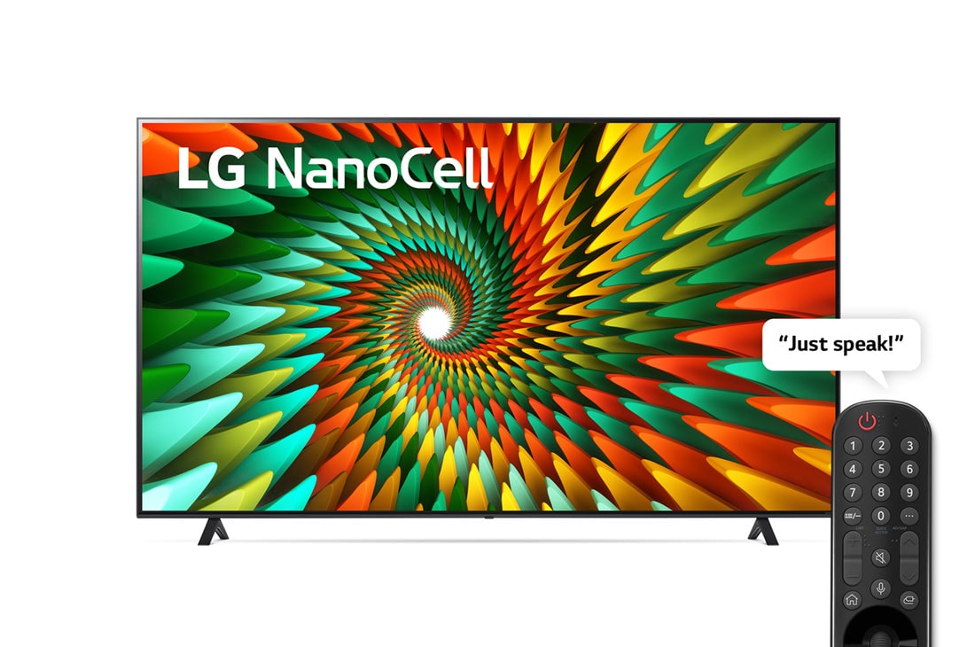 LG ال‌جی،LG Nanocell ، تلویزیون 55 اینچ سری NANO77R، تکنولوژی هوشمند AI ThinQ، سیستم عامل WebOS، کیفیت 4k، کنترل جادویی، زبان طراحی 3side cinema، تکنولوژی AI Sound Pro (5.1.2ch)، توانایی نمایش محتوای HDR با فرمتHLG، پایه دو طرفه، جدید 2023 , نمای جلو از تلویزیون LG NanoCell, 55NANO776RA