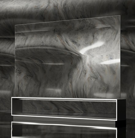 LG SIGNATURE OLED 8K collocato su un pavimento di marmo grigio.