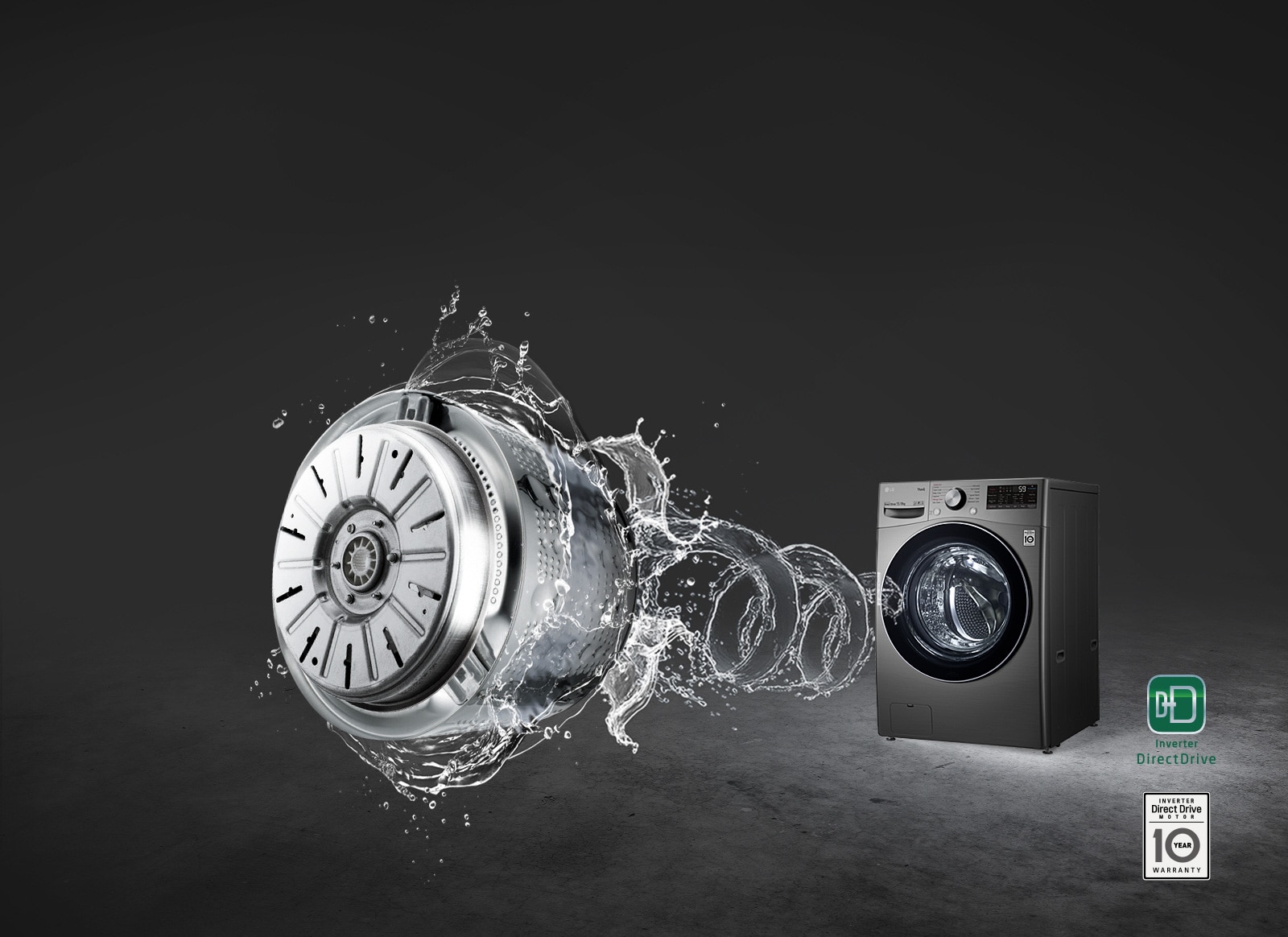 A grey background with the washing machine front loading washer highlighted and a swirl of water thrusting from the front to lead to an image of the Inverter Direct Drive Motor.