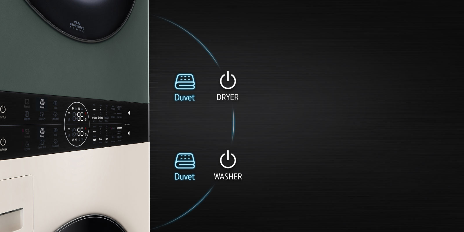 This is an image of the product panel. Dryer's Duvet button and Washer's Duvet button are highlighted.