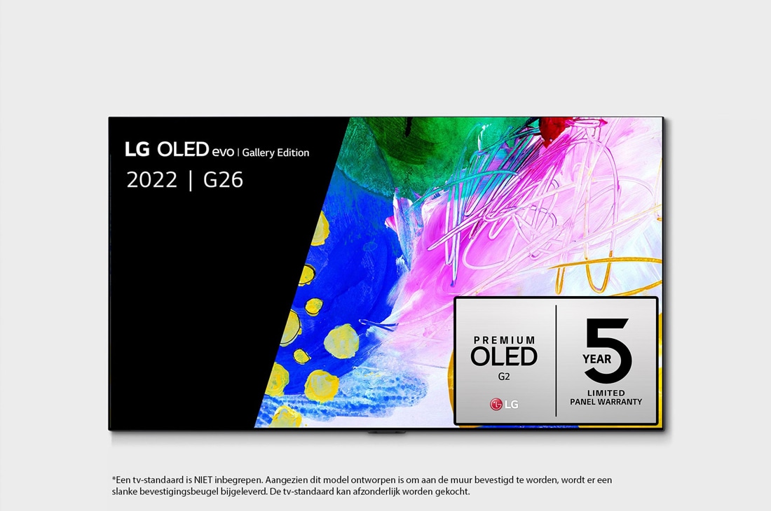 LG 55'' G2 OLED evo Gallery Edition, Vooraanzicht met LG OLED evo Gallery Edition op het scherm, OLED55G26LA
