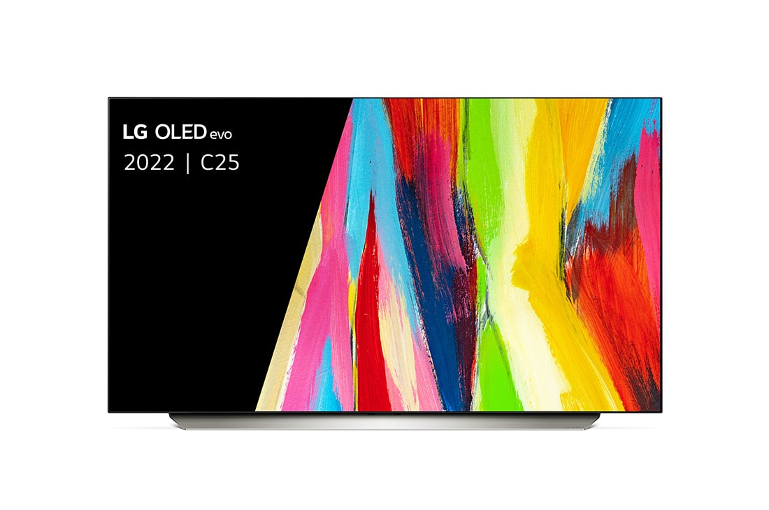 LG OLED evo C2 48 inch 4K Smart TV, Vooraanzicht met LG OLED evo Gallery Edition op het scherm, OLED48C25LB