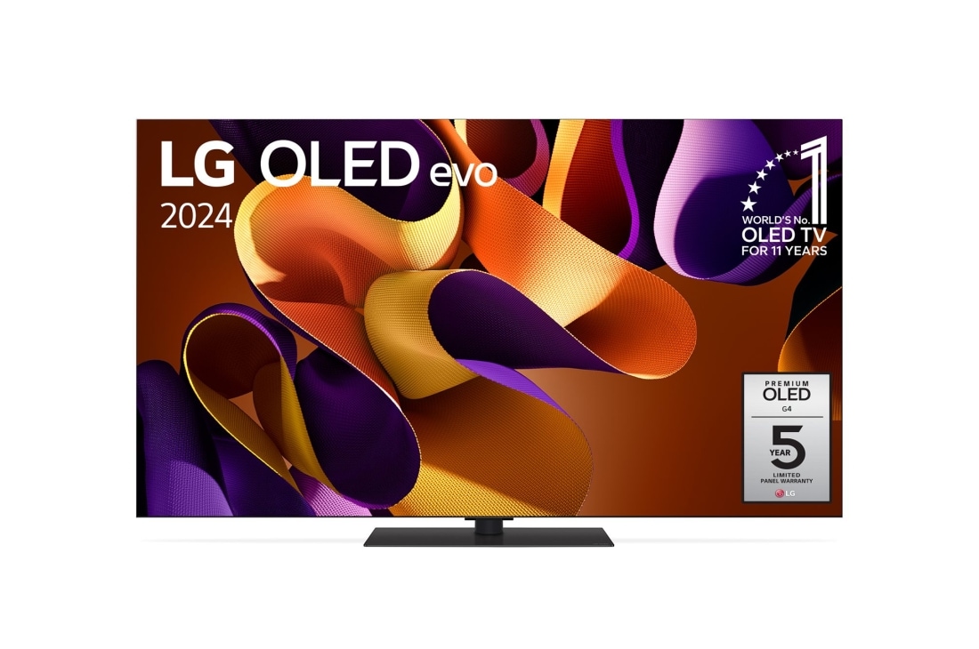 LG 65 Inch LG OLED evo G4 4K Smart TV OLED65G4, Vooraanzicht met LG OLED evo TV, OLED G4, 11 jaar wereldwijd nummer 1 OLED-embleem, en 5 jaar paneelgarantielogo op het scherm, OLED65G46LS