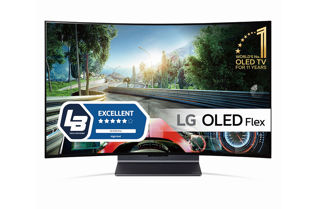 LG OLED Flex, Venstrevendt Flex sett fra en 45-graders vinkel forfra med en helt buet skjerm., 42LX3Q6LA
