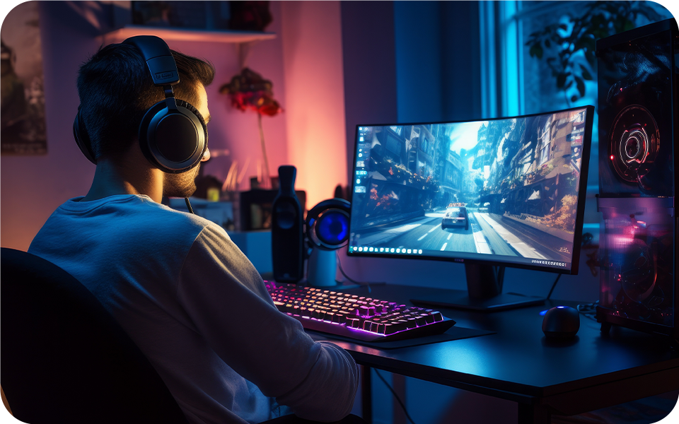 Bărbat cu căști jucând un joc video pe monitorul său curbat 4k, absorbit pe deplin de lumea digitală.