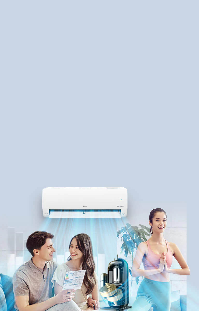 В верхней части изображения показан кондиционер воздуха LG с исходящими от него синими линиями, символизирующими холодный воздух. Перед кондиционером воздуха показан двойной инверторный компрессор LG. В потоке холодного воздуха изображена улыбающаяся женщина, занимающаяся йогой. На переднем плане показаны улыбающиеся друг другу мужчина и женщина, рассматривающие график экономичного расхода энергии LG.