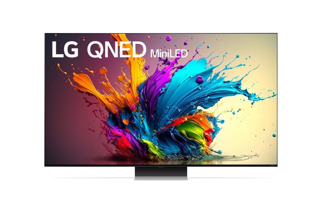 LG 4K телевизор Smart TV LG QNED MiniLED QNED91 75'', Вид спереди на телевизор LG QNED, QNED90 с текстом LG QNED MiniLED, 2024 и логотипом webOS Re:New Program на экране, 75QNED91T6A