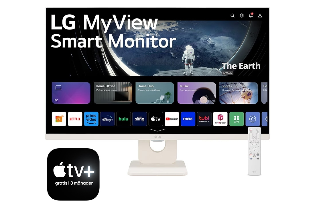 LG 27'' Full HD IPS Smart Monitor med webOS, vy framifrån med fjärrkontroll, 27SR50F-W
