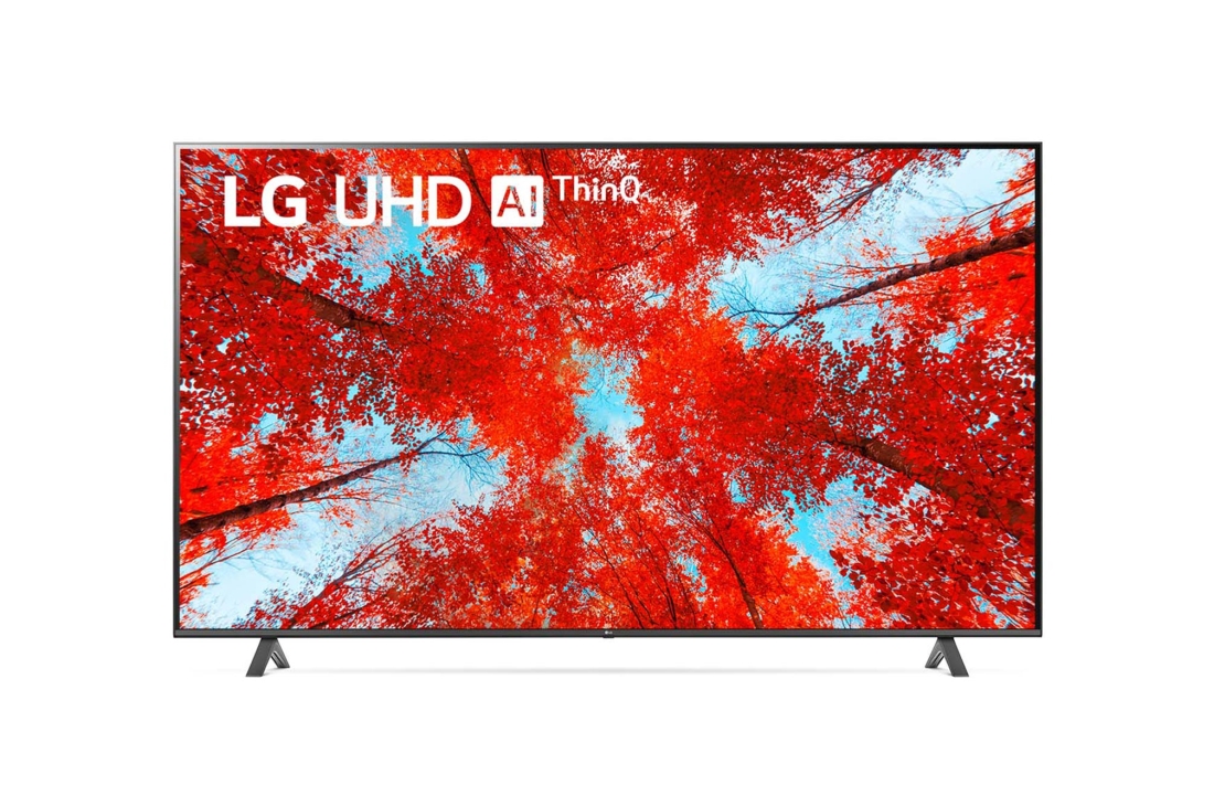 LG televizori | UQ90 | 86'' | 4K | Smart UHD | 120 Gz, LG UHD televizorining toʻldiruvchi rasm va mahsulot logotipi bilan old tomondan koʻrinishi, 86UQ90006LD