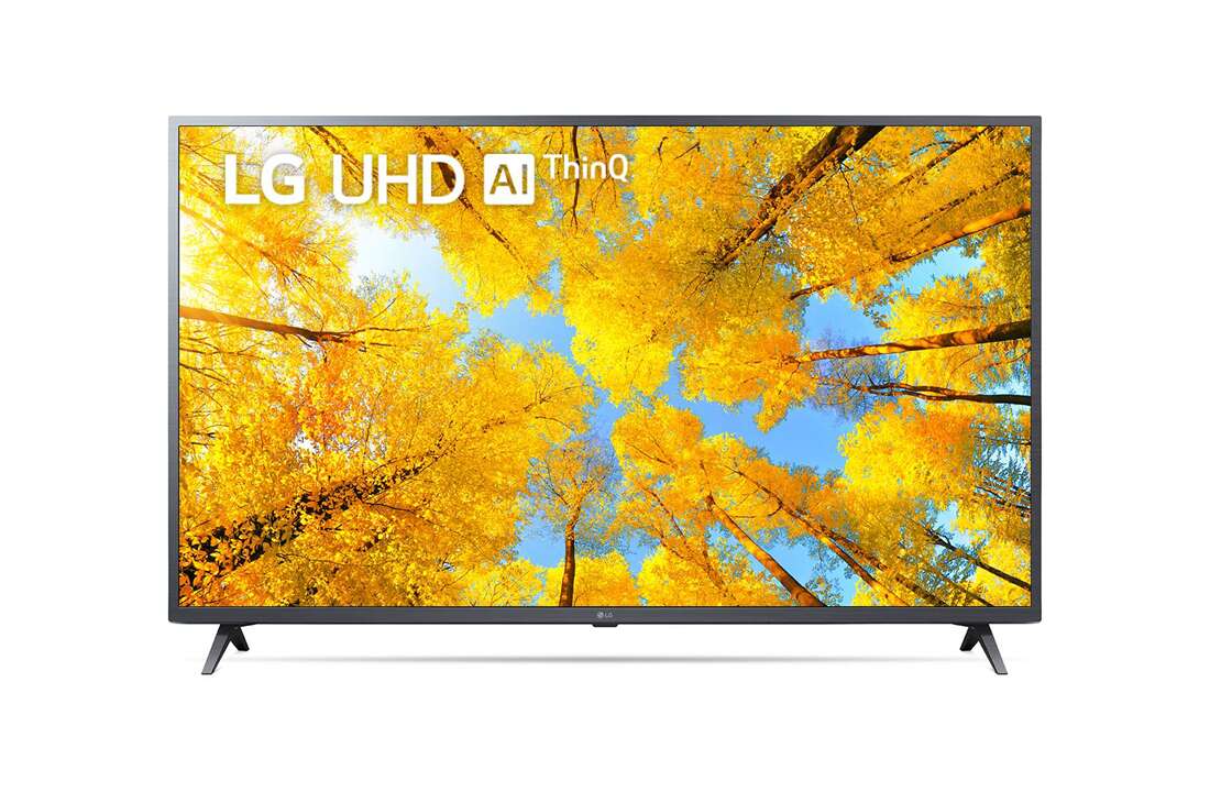 LG televizori | UQ76 | 65'' | 4K | Smart UHD | 60 Gz, LG UHD televizorining toʻldiruvchi rasm va mahsulot logotipi bilan old tomondan koʻrinishi, 65UQ76003LD