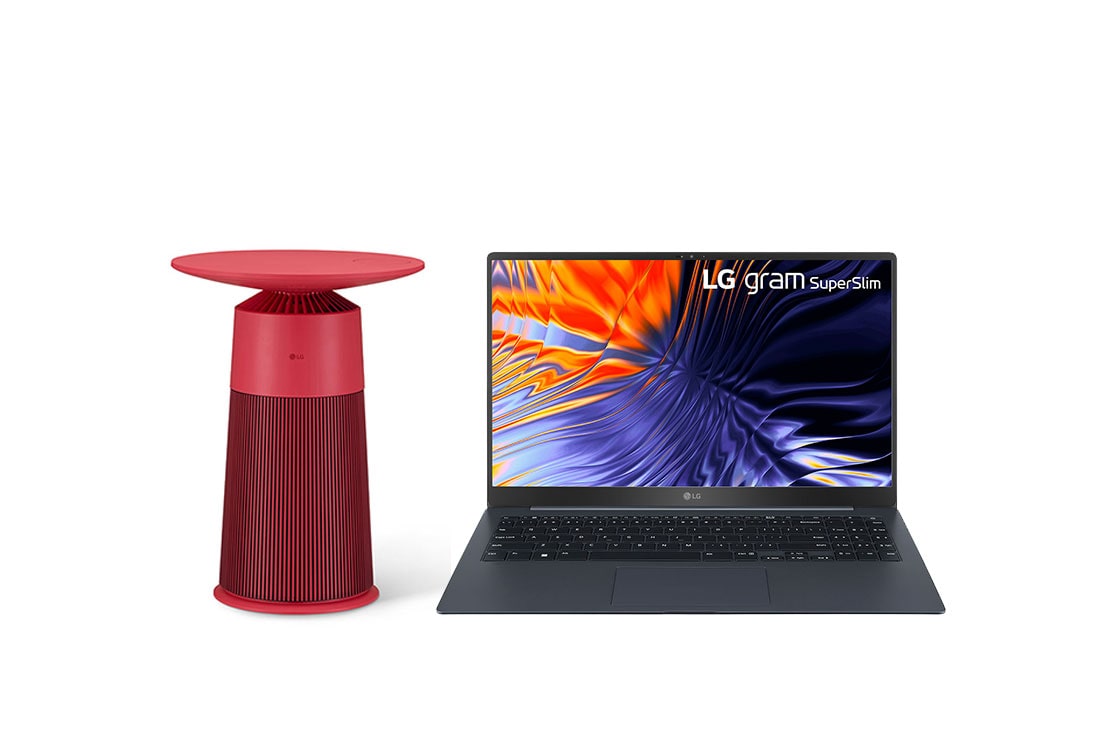 LG Combo Máy lọc khí PuriCare AeroFurniture màu đỏ hồng|AS20GPRU0 và Laptop LG gram SuperSlim 15,6'', Windows 11 Home Plus|15Z90RT-G.AH55A5, Hình ảnh phía trước, 15Z90RT.RU0